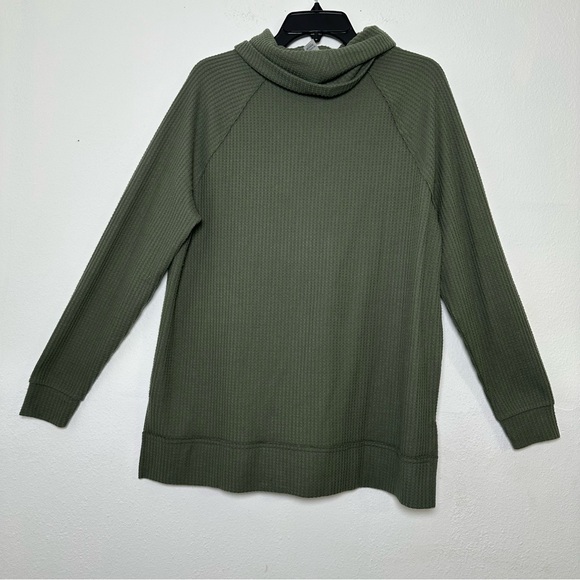 Lou & Grey Olives Green Waffle Cowl Neck Tunic Top Hi Low Long Sleeve Sweater - Picture 3 of 10